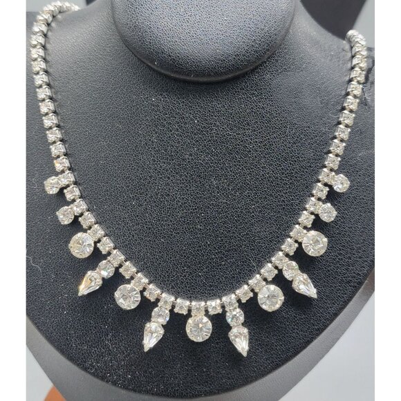 Vintage Garne Jewelry Rhinestone Choker Necklace 15" Clear Prong Set Stones - Picture 3 of 7
